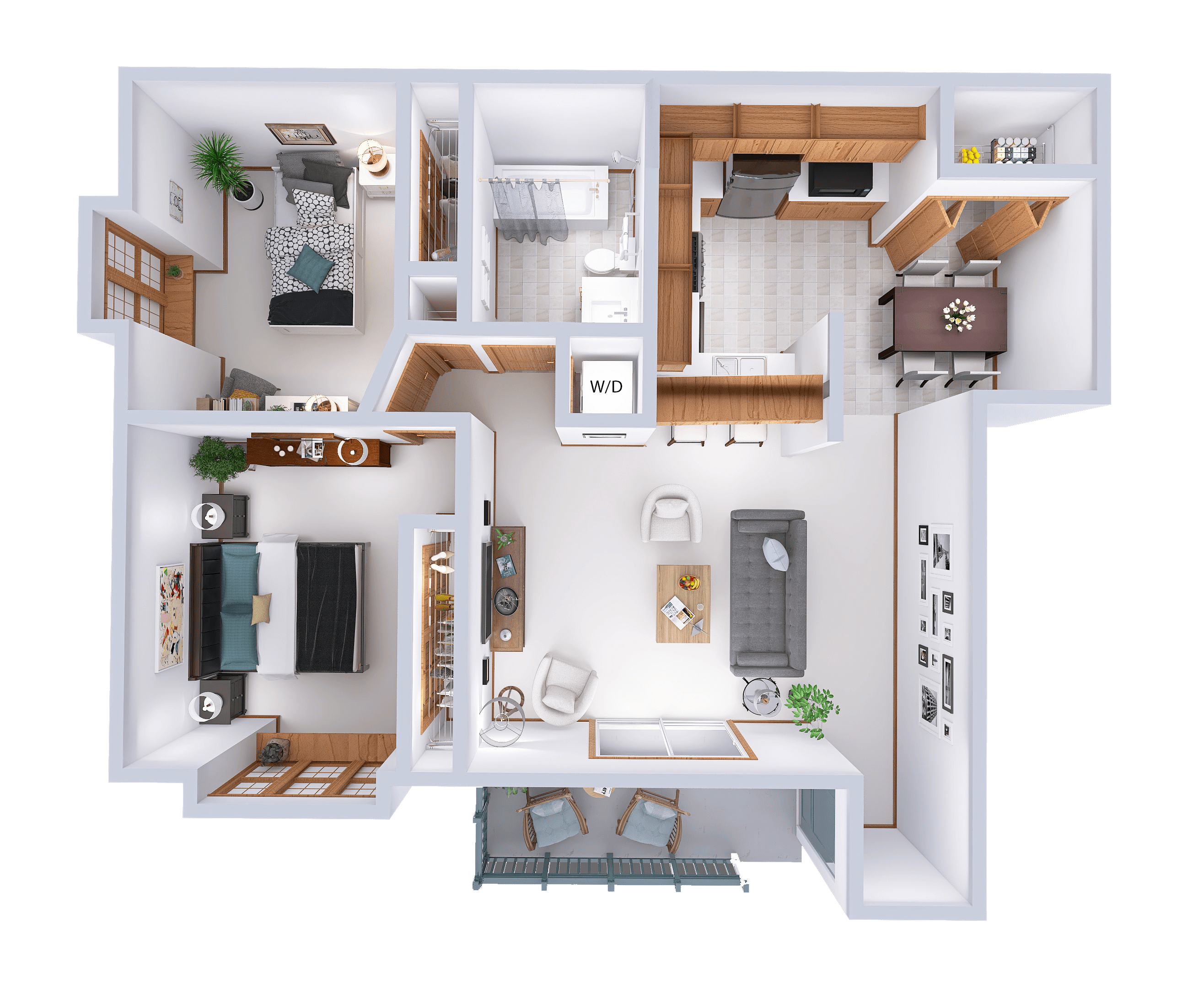 Floor plan for 2 beds, 1 bath, 986 sqft